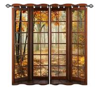 ANHOPE Rideau Occultant Automne Forêt Fenêtre en Bois Tenture Opaque à Oeillets Draperies Intérieurs Rideau Thermique Isolant pour Maison Chambre Salon Fenetre 2 Pièces L 77 x H 160 cm