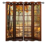 ANHOPE Rideau Occultant Automne Forêt Fenêtre en Bois Tenture Opaque à Oeillets Draperies Intérieurs Rideau Thermique Isolant pour Maison Chambre Salon Fenetre 2 Pièces L 107 x H 160 cm