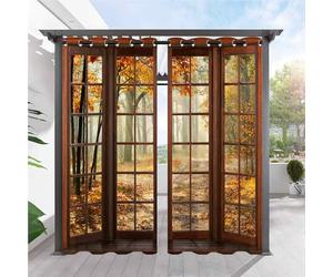 ANHOPE Rideaux D'extérieur Imperméable Rideau Extérieur avec Oeillet Rideaux Imprime Automne Forêt Fenêtre en Bois Rideau pour Pergola Terrasse Jardin Balcon 92L X 214H cm (2 Panneaux)
