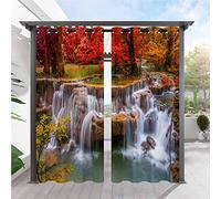 ANHOPE Rideaux D'extérieur Imperméable Rideau Extérieur avec Oeillet Rideaux Imprime Automne Nature Forêt Cascade Rideau pour Pergola Terrasse Jardin Balcon 132L X 214H cm (2 Panneaux)