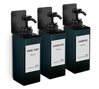 Anhow Distributeur Savon Mural 500ml, 3 Pièces Distributeur Gel Douche de Pompe à Presser avec Étiquettes No Perçage pour Cuisine et Salle de Bain - Bleu