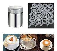Anicy Saupoudreur de cacao pour cappuccino - 1 saupoudreur en acier inoxydable avec 16 pochoirs à café - Moules d'impression pour décoration de pain au chocolat chaud