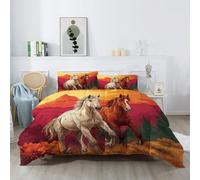 Animal Couette 4 Saison 220x240cm, Dessin Animé Chevaux Couchers De Soleil Réversible Matelassée Couettes Imprimée Orange Couette 2 Personnes, Douce Ensemble de Literie avec 2 Taies D'oreiller