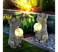Lampe solaire chien Décoration de jardin Figure animale grise Lampe solaire boule verre brisé chien, LED blanc chaud, LxlxH 17,5x13x29 cm, lot de 2