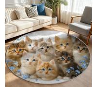 Animal Tapis Rond 180 cm Rug Lavable en Machine Blanc | Antidérapant Carpet Chat Fleur, Salle a Manger, Bureau, Descente de Lit, Interieur Poil Ras