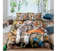 Animaux heureux Tigres léopards lion Parure de lit 3D effet 220*240cm 3 pieces 1 housse de couette et 2 taies d'o HOUSSE DE COUETTE