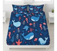 Animaux Marins Drap Housse 140 x 200 cm Bonnets 30 cm, Parure de Lit Cartoon Baleine Tortue Marine pour Enfants Ado Adultes, Drap de Lit Microfibre Douce, Housse de Matelas Respirante