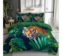 Animaux Tigre dans La Jungle Parure de Lit 90 x 190 cm Vert Forêt, Housse de Couette Imprimé Microfibre Confortable Ensemble de Literie avec Fermeture Éclair et 1 Taie d'oreiller pour Garçon Fille