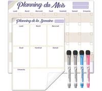 ANLIOTE 2 Pièces Tableaux Blancs Calendrier Effaçable à Sec - 4 Marqueurs | 1 Mensuel + 1 Semainier, Adhésif Non Magnétique pour Réfrigérateur Inox, Mur, Verre, Bois - Planning Maison et Bureau