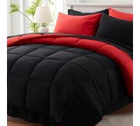Anluoer Parure de lit légère réversible 7 pièces, lit dans Un Sac pour Grand lit, avec 1 Couette (223,5 x 223,5 cm), 2 taies d'oreiller, 2 taies d'oreiller, 1 Drap Plat, 1 Drap-Housse, Rouge et Noir