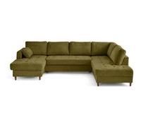Lisa design Canapé d'angle panoramique Anna 7 places convertible coffre velours texturé Vert Olive