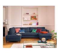 Best mobilier Canapé panoramique d'angle Anna 7 places convertible avec coffre velours texturé Bleu