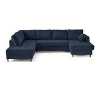 Best mobilier Canapé panoramique d'angle Anna 7 places convertible avec coffre velours texturé Bleu