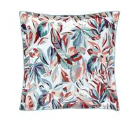Anne de Solène - Taie d'oreiller 50x75cm - Post Card - Bleu Rose Rouge Vert - 100% Percale de Coton - Feuillages Exotiques & Intenses - Finition Volant Plat 3,5 cm - Lavable 60°C