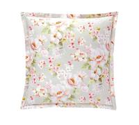 Anne de Solène - Taie d'oreiller 50x75cm - Voyageuse - Beige Rose Vert - 100% Satin de Coton - Poésie Florale & Palmettes Douces - Finition Volant Plat 3 cm & Bourdon Assorti - Lavable 60°C