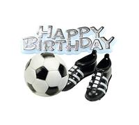 Anniversary House BU040 Lot de 4 décorations de gâteau de football pour homme, bottes et devise argentée « Happy Birthday »