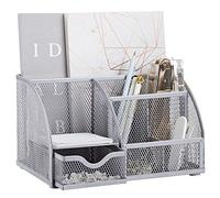 Annova Organiseur de bureau en maille avec 7 compartiments + tiroir/rangement de bureau/porte-bonbons/stylos/organiseur multifonction (argenté)