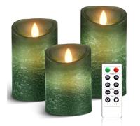 AnnSpa 3 Set Bougies LED sans Flamme Fonctionne sur Batterie avec Télécommande, Vraie Cire Flickering Moving Mèche Scintillante Lumière Jaune Ambre, Cire non Parfumée pour Cadeau et Décoration- Green