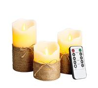 AnnSpa 3 Set Corde de Chanvre Bougies LED sans Flamme Fonctionne sur Batterie avec Télécommande, Vraie Cire Flickering Moving Mèche Scintillante Lumière Jaune Ambre, Cire non Parfumée pour Cadeau