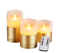 AnnSpa 3 Set Or Bougies LED sans Flamme Fonctionne sur Batterie avec Télécommande à 10 Touches et Minuterie Cycliste 24 Heures, Vraie Cire Flickering Moving Mèche Scintillante Lumière Jaune Ambre