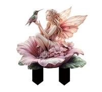 ANNUOZE Statuette de fée sur piquet en acrylique 2D - Décoration plate magique - Accessoires de jardin pour extérieur, intérieur, cour, pelouse, pot de fleurs (fleurs roses, fée et colibri)