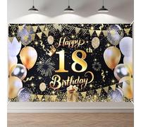 ANOMM 18 Ans Bannière D'anniversaire, Décorations de Fête D'anniversaire 18 Ans, Banderole Joyeux Anniversaire, pour Garçon et Fille (180 x 110 cm, Noir Or)