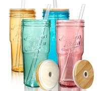 ANOTION Lot de 4 gobelets en verre avec couvercles et pailles, gobelet étanche de 710 ml, tasse à café Mason Jar avec paille, réutilisable, pour café glacé, smoothie, matcha