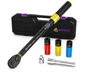 ANPUDS 1/2 ynamométrique Set 20-220 Nm, 6 Pcs Torque Wrench Set | ±3% Précision, avec 125mm Extension, 1/2"-3/8" Adaptateur, 3 Douilles 17mm, 19mm, 21mm, pour Auto & moto Remplacer les Pneus