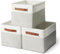 ANQI Lot de 3 grands bacs de rangement pliables en lin avec poignées en cuir