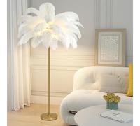ANram Lampadaire en Plumes d'Autruche Naturelles - Corps Doré, 3 Couleurs à Intensité Variable - Décoration Simple pour Chambre et Salon - Ampoule LED G4 Incluse