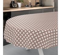ANRO Nappe en Toile cirée, Lavable, pour Table de Jardin, extérieur et intérieur, Ovale, Bord coupé, Carreaux Beiges, 220 x 140 cm