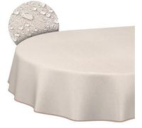 ANRO Nappe enduite Damassé beige gris avec ourlet ovale 240x140 cm | avec ourlet passepoilé - anti-taches et imperméable, facile d’entretien - lavable à 30 °C - linge de table en tissu enduit
