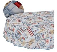 ANRO Nappe enduite Maritime avec ourlet ovale 240x140 cm anti-taches | avec ourlet passepoilé - lavable à 30 °C - idéale pour jardin, terrasse et salle à manger - linge de table en tissu enduit