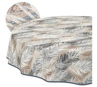 ANRO Nappe Lavable Motif Feuilles, Gris/Beige, Ronde, 140 cm, imperméable, pour l'intérieur et l'extérieur, Effet Lotus, avec Ourlet