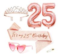 Anruzon Décoration d'anniversaire pour femme, couronne et écharpe, lunettes roses en forme de cœur, ballons or rose, cadeaux pour femmes de 25 ans, accessoires de décoration de fête d'anniversaire