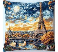 ANSIWEIGO Kit Coussin Point De Croix,Kit de broderie au point de croix pour adultes,broderie à l'aiguille faite à la main de housse de coussin,45x45cm coussin gros trous,Tour Eiffel