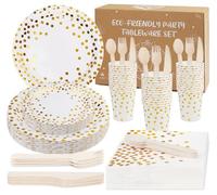 Anstore 200 Assiettes en Carton Blanc Or Party Vaisselle Réutilisables,Plateaux en Carton pour 25 Invités avec Assiette Cuillère Fourchette Couteau Gobelet Serviettes Papier pour Anniversaire,Mariage