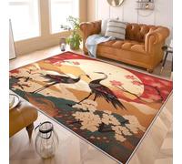 Antidérapant Tapis Salon Chambre 80x150 cm Style Japonais Fleurs de Cerisier Motif de Grues, Tapis à Court Poils Doux Art Lavable en Machine Antifouling Décoration de Office, Couloir, Paillasson