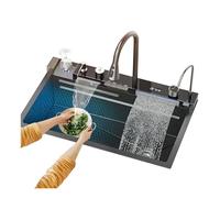 ANW Home Évier de cuisine LED 75x45 cm avec robinet cascade, acier inoxydable, laveur haute pression, planche à découper et égouttoir - Set complet