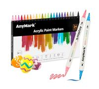 AnyMark 24 Couleurs Feutre Acrylique, Marqueurs Acryliques à Double Pointe avec Pointe Pinceau et Pointe Fine, Stylos Acryliques pour Bois, Galets, Papier, Tissu, Verre, Oeuf