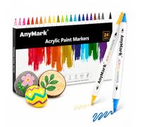 AnyMark 24 Couleurs Feutre Acrylique, Marqueurs Acryliques à Double Pointe avec Pointe Ronde et Pointe Fine, Stylos Acryliques pour Bois, Galets, Papier, Tissu, Verre, Oeuf