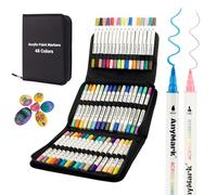 AnyMark 48 Couleurs Feutre Acrylique, Marqueurs Acryliques à Double Pointe avec Pointe Pinceau et Pointe Fine, Stylos Acryliques pour Bois, Galets, Papier, Tissu, Verre, Oeuf