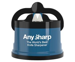 AnySharp Aiguiseur de Couteaux, Sécurité Mains Libres, Ventouse PowerGrip, Aiguise en Toute Sécurité Tous les Couteaux de Cuisine, Idéal pour l'Acier Trempé & Dentelé | Le Meilleur au Monde | Bleu