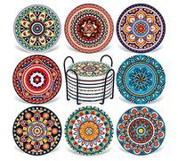 AODINI Lot de 8 Dessous de Verre en Pierre absorbante pour Table en Bois, Dessous de Verre Mandala en céramique avec Base en liège, Cadeau pour Pendaison de crémaillère, Anniversaire et Famille -