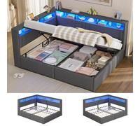AOGLLATI Canapé Lit 140 x 200 avec Éclairage LED, Multiprise et Hydraulique | Tête de Lit Capitonnée avec 5 Étagères Ouvertes, Lit 140x200 avec Sommier, Montage Réversible, Lit 2 Personnes Lin Gris Foncé
