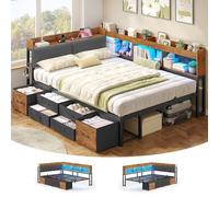 AOGLLATI Canapé Lit 140 x 200 avec Rangement,Lit Coffre 140x200 avec Multiprise et Éclairage LED,Tête de Lits Rembourrée,6 Compartiments & 6 Tiroirs,Lit Enfant,Lit 2 Personnes avec Sommier en Métal