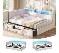 AOGLLATI Canapé lit 140x200 avec Éclairage LED et Prise, Lit 2 Personnes avec 4 Tiroirs, Tête de Lit Interchangeable, Capitonnage 360°, Lit 140x200 avec Sommier en Métal, Lin Beige (sans Matelas)