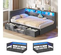 AOGLLATI Canapé lit 140x200 avec Éclairage LED et Prise, lit 2 Personnes avec 4 Tiroirs, Tête de Lit Interchangeable, Capitonnage 360°, Lit 140x200 avec Sommier en Métal,Lin Gris Foncé(sans Matelas)