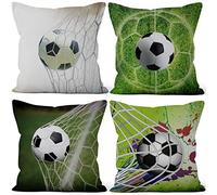 Aoihrraan 41x41cm Lot de 4 Match De Football Housse De Coussin Tirer Le But Vert Herbe Football Champ Lin De Coussincarré Taie d'oreiller Décoration pour Sport Garçon Sofa Chambre Extérieur Canapé