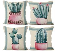 Aoihrraan 46x46cm Lot De 4 Housse De Coussin Bleu Cactus Aquarelle Plante De Verdure Lin De Coussincarré Taie d'oreiller Décorer Canapé Maison Décor Housse Coussin Salon De Jardin Exterieur Salon